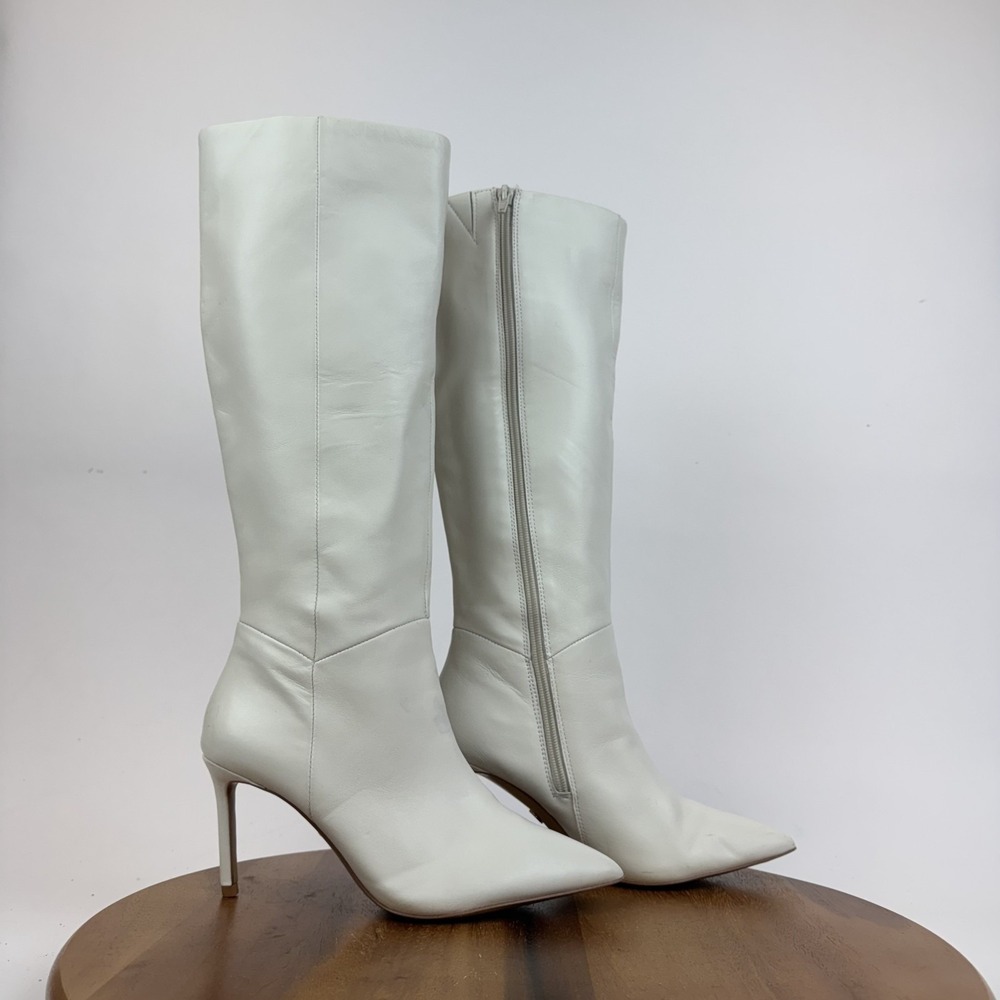 Womens Aldo Laroche Pointed Toe Ivory Leather Heeled Knee High Boots Size 6.5 M